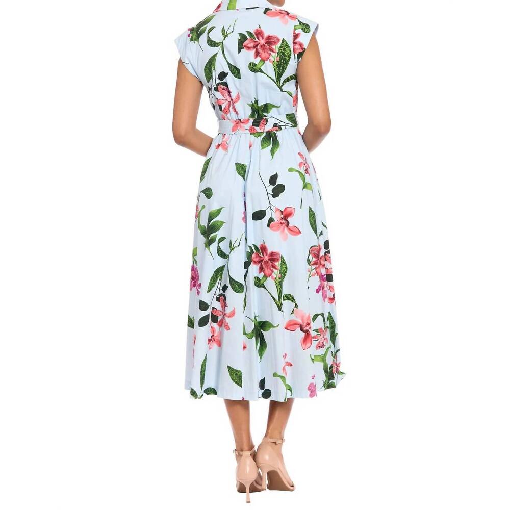 NEW LONDON TIMES rosemary cotton belted shirt dress in sky blue / sunkist coral - Picture 3 of 4